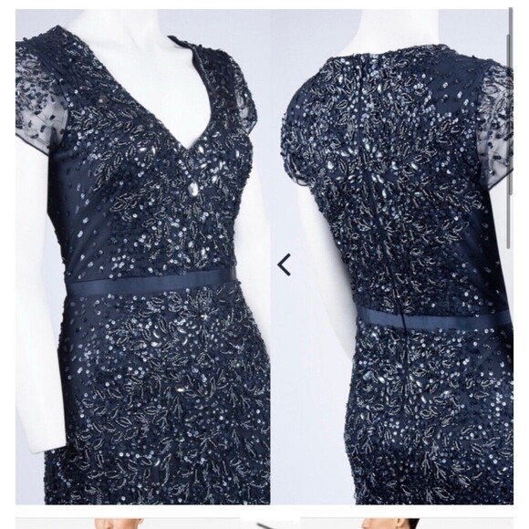 ADRIANNA PAPELL Prom SZ 10 Cap Sl Dress Sequin Navy Blue Beaded Gown Sleeve $229 - Picture 4 of 11